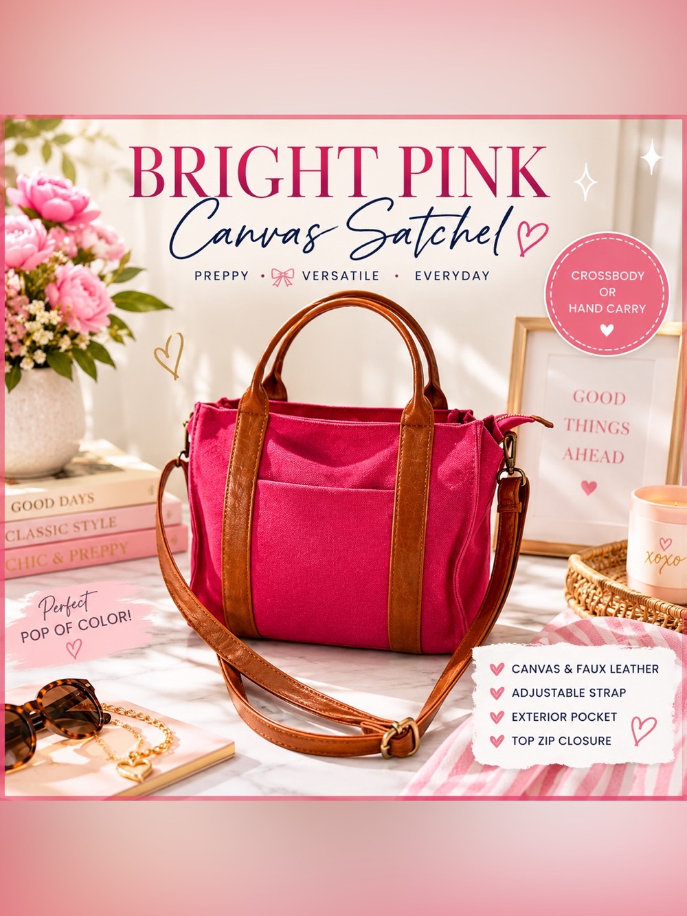 Joy Pink Canvas Crossbody Satchel Tote Bag with Brown Faux Leather Trim